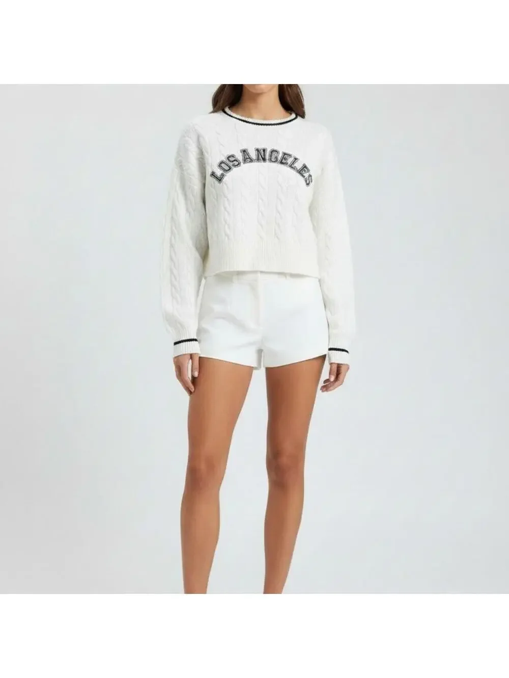 Wild Fable Women's White Cable Knit Sweater with Los Angeles Print, New Without